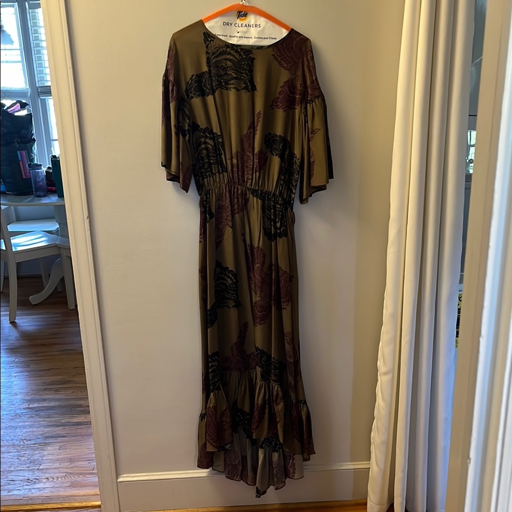 Green and Brown Ruffled Maxi Dress